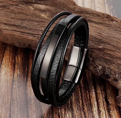 European Market Leather and Stainless Steel Bangles with Customization Options