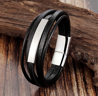 European Market Leather and Stainless Steel Bangles with Customization Options
