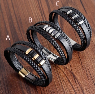 European Market Bestseller Weave Leather Bracelet with Silver Plated Stainless Steel