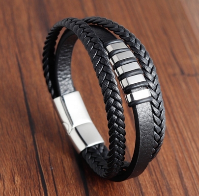 European Market Bestseller Weave Leather Bracelet with Silver Plated Stainless Steel