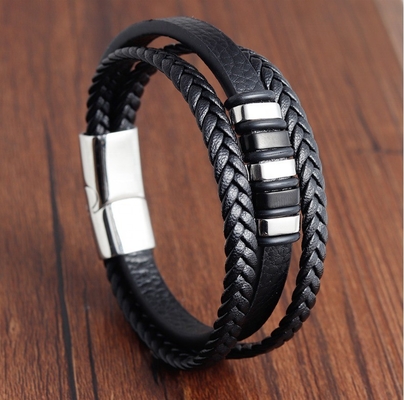 European Market Bestseller Weave Leather Bracelet with Silver Plated Stainless Steel