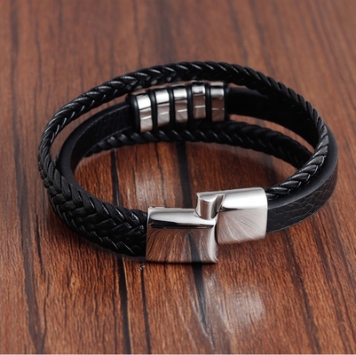 European Market Bestseller Weave Leather Bracelet with Silver Plated Stainless Steel