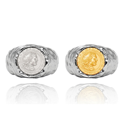 925 Sterling Silver Moon Goddess Ancient Coin Ring Queen Gold Bump Ins Wind Tide